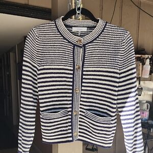 Frame Denim Navy & White Striped Button-Front Sweater Cardigan